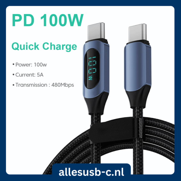 Blauwe gevlochten USB-C kabel van allesusb-c.nl met een digitaal LED-scherm dat 100W laadsnelheid toont.