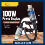 Gevlochten 100W USB-C snellaadkabel met digitaal power display voor laptops en tablets