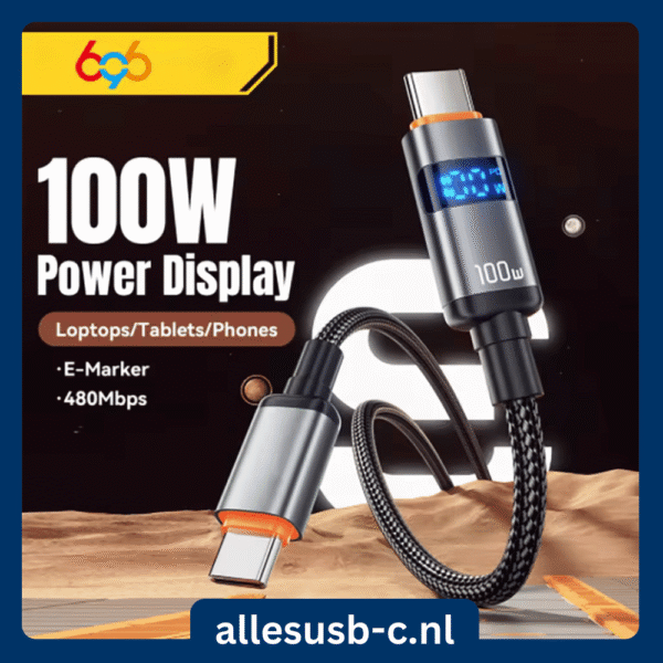 Gevlochten 100W USB-C snellaadkabel met digitaal power display voor laptops en tablets