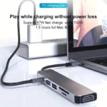 MacBook verbonden met de lader via de hub, met tekst die 87W tot 100W snelladen en een laadtijd van 1.5 uur vermeldt