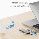 Schema van 100W lader aangesloten op de hub die veilig 87W doorgeeft aan de laptop voor continu gebruik.