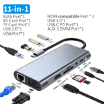Compleet overzicht van alle aansluitingen op de 11-in-1 multifunctionele USB-C hub, inclusief aangesloten kabels.
