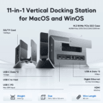 11-in-1 verticale USB-C docking station met alle poortspecificaties waaronder HDMI, Ethernet, SD/TF en 85W PD