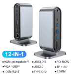 Voor- en achterkant van een verticale 12-in-1 USB-C docking station met meerdere poorten zoals HDMI, VGA en USB 3.0.