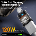 USB-C adapter aangesloten op telefoon ondersteunt 120W snelladen