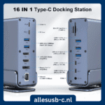 Voor- en achteraanzicht van het 16-in-1 USB-C docking station met labels voor alle poorten, inclusief HDMI 4K, DisplayPort 8K en 100W PD.