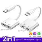 Overzicht van twee witte USB-C adapters: optie met 3.5mm jack en optie met dubbele USB-C poort