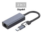 Donkergrijze netwerkadapter met dubbele stekker (USB-A en USB-C) en label "2 in 1 Gigabit"
