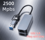Bovenaanzicht van adapter met tekst "2500 Mbps" en "USB 3.0 Plug and play", toont dubbele stekker