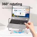 Een hand die de laptop standaard moeiteloos 360 graden draait dankzij de ingebouwde hoogwaardige draaischijf.