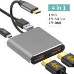Schematisch overzicht van de 4 poorten: 1x PD lader, 1x USB 3.0 poort en 2x HDMI poorten met 4K ondersteuning.