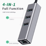Schuine weergave van aluminium hub met labels bij de poorten: USB 3.0 en RJ45 1000Mbps