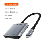 Technisch overzicht van de CABLETIME 4-in-1 hub: 1x HDMI 8K30Hz, 1x HDMI 4K60Hz, 1x PD 100W en 1x USB 2.0.