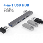 Grijze USB-A splitter met 4 poorten, ideaal voor apparaten zonder USB-C aansluiting.