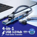 Grijze USB hub aangesloten op laptop USB-C poort