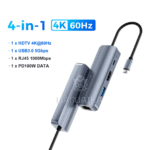 Het kleinste 4-in-1 model met HDMI 4K60Hz, 1x USB 3.0, RJ45 Ethernet en PD oplaadpoort.