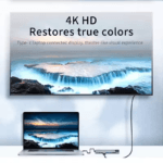 USB-C hub aangesloten op een laptop en beeldscherm met 4K HD resolutie en ware kleurenweergave.