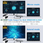 Laptop verbonden met een externe monitor in mirror en extend modus via de 4K HDMI hub.