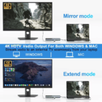 Demonstratie van 'Mirror Mode' en 'Extend Mode' op een externe monitor via de hub, met heldere 4K beeldkwaliteit voor Windows en Mac.