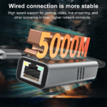 Close-up van de ethernetpoort met grote gouden tekst "5000M" erboven zwevend