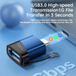 USB-C adapter aangesloten op laptop met illustratie van snelle bestandsoverdracht (video, muziek, foto's)