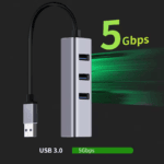 Staande weergave van USB-A hub met groene grafische weergave van 5Gbps snelheid