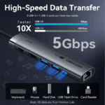 De hub aangesloten op diverse randapparatuur zoals een muis, toetsenbord en harde schijf, met weergave van 5Gbps snelheid.