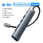 Vrijstaand beeld van het '6-in-1 HDMI+RJ45 Model' met alle poorten zichtbaar en labels voor specificaties.