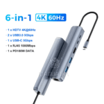 Het 6-in-1 model met HDMI 4K60Hz, 2x USB 3.0, USB-C 5Gbps, RJ45 en PD (zonder SD/TF sloten).