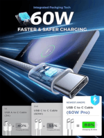 Infographic over 60W snelladen en veilige oplaadchip in USB-C kabel