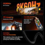 Overzicht van features: 8K display, 3D geluid, 4-laags afscherming en flexibele zachte kabel