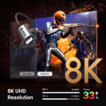 Vergelijking tussen 4K en 8K resolutie op een gaming monitor met de Ugreen DisplayPort 1.4 kabel.