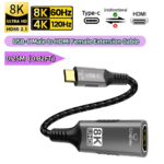 Grijze 8K adapterkabel met gouden 8K label, ondersteunt 8K 60Hz en 4K 120Hz via HDMI 2.1.