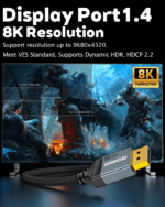 Gaming monitor met een karakter uit een spel, toont de scherpte van 8K resolutie en HDR