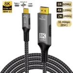 Grijze USB-C naar HDMI kabel met 'Display' markering, specificaties tonen 32.4Gbps bandbreedte en 8K 60Hz.