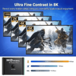 Vergelijking van scherpte tussen 1080p, 2K, 4K en 8K, plus een grafiek die de 48Gbps snelheid van HDMI 2.1 toont.