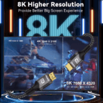 Visuele vergelijking tussen 8K (7680x4320), 4K en HD resoluties op een beeldscherm met 12-bit kleurondersteuning.