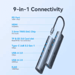 Overzicht van alle poorten op de Vention 9-in-1 USB-C hub inclusief 100W PD, HDMI, RJ45, audio chip en USB 3.2.