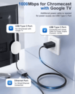 Schema dat toont hoe de adapter stroom en internet levert aan een Chromecast met Google TV