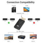 Diagram dat de compatibiliteit toont: werkt alleen van Computer (DP) naar Monitor/Projector (HDMI), niet andersom.