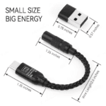 Technische tekening met afmetingen van de compacte zwarte versterker dongle en USB-A opzetstuk