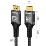 Technische tekening met de exacte afmetingen van de goudgeplateerde HDMI 8K UHD connectoren.