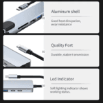 Detailopnames van de USB-C hub met aluminium behuizing, duurzame kabel en een zachte LED-werkingsindicator.