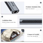 Close-up van de ventilatiegaten en aluminium afwerking, tekst "Ventilation Holes" en "Premium Aluminum Alloy"