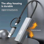 Adapter met oranje pijlen die warmteafvoer illustreren, tekst "The alloy housing is durable"