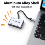 UnnLink adapter met illustratie van warmteafvoer pijlen en aluminium behuizing