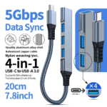 Zilveren 4-in-1 USB-C splitter nylon kabel 5Gbps snelheid