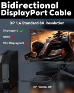 Illustratie die toont dat de kabel in beide richtingen werkt tussen een PC-toren en een monitor