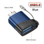 Blauwe metalen USB-C naar USB 3.0 converter met sleutelhangerlus