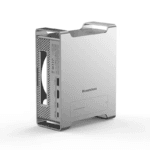 Productfoto van de lege verticale standaard, tonend de ventilatieopeningen en de exacte pasvorm voor de Apple Mac mini.